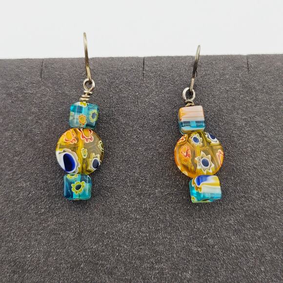 Blue & Orange Filigree Floral Beaded Glass Earrings Hook Style Dangle Tropical - Picture 1 of 3